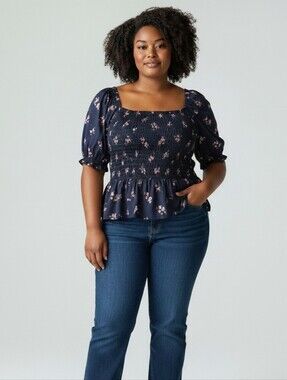 Lands' End Navy Floral Smocked Peplum Top
